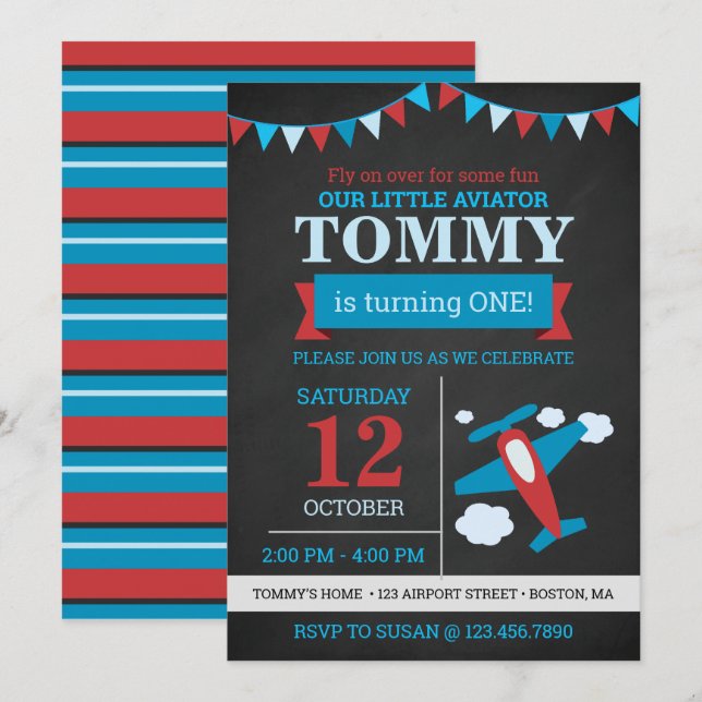 Little Aviator cute aeroplane chalkboard birthday Invitation (Front/Back)