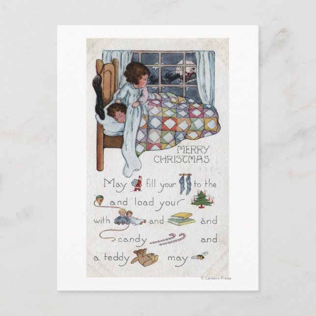 Little Awaken Girl Spies Santa and Sleigh Holiday Postcard (Front)