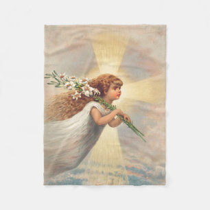 Little baby angel holding lilies fleece blanket