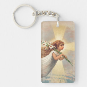 Little baby angel holding lilies key ring