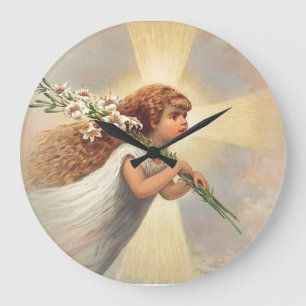 Little baby angel holding lilies large clock