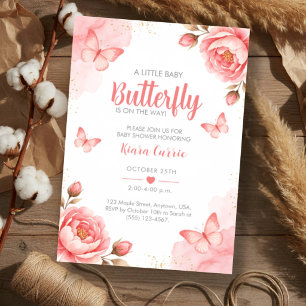 Little Baby Butterfly Red Pink Floral Baby Shower Invitation