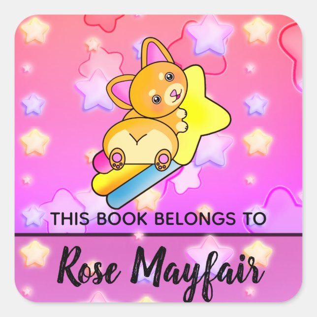 Little Baby Corgi in Stars Bookplate for Kids Square Sticker (Front)