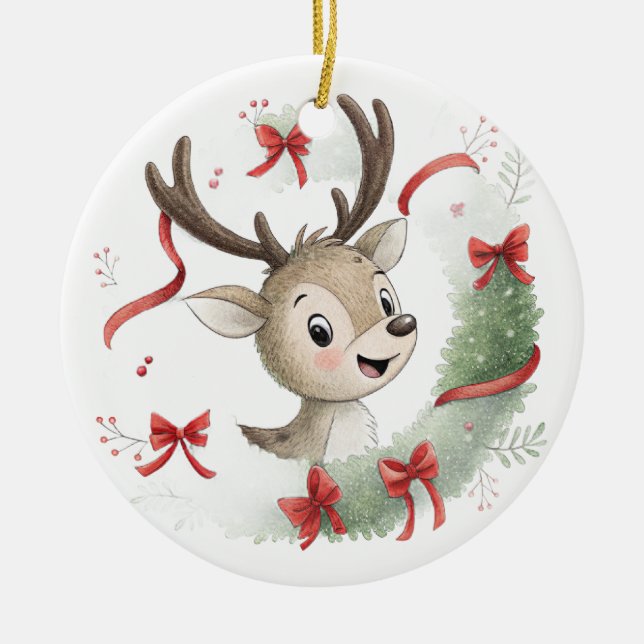 Little Baby Deer Christmas, Cute Fawn  Ceramic Tree Decoration (Front)