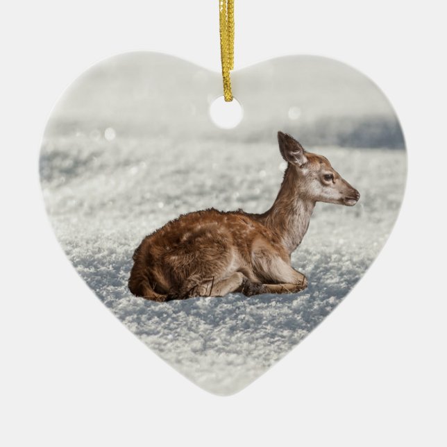 Little Baby Deer in Snow Ceramic Tree Decoration (Front)