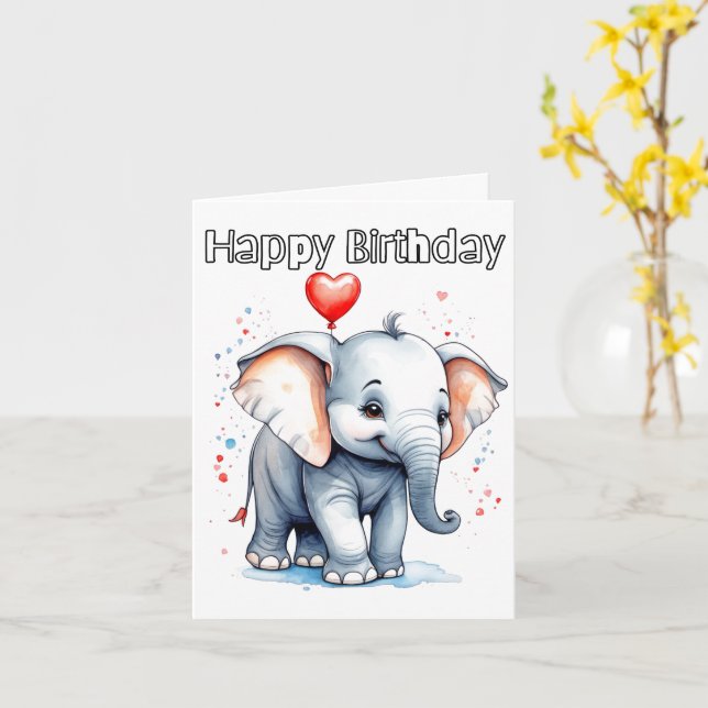 Little Baby Elephant Happy Birthday Card (Yellow Flower)