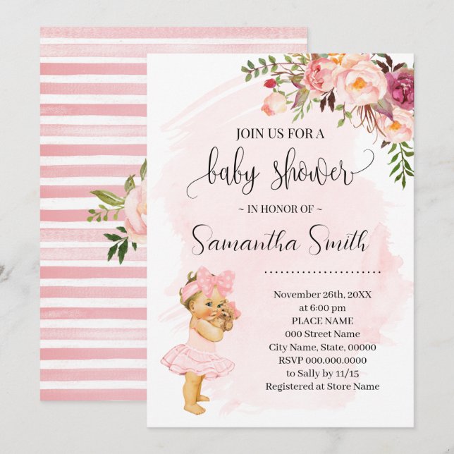 Little Baby Girl Pink Flowers Baby Shower Invitation (Front/Back)