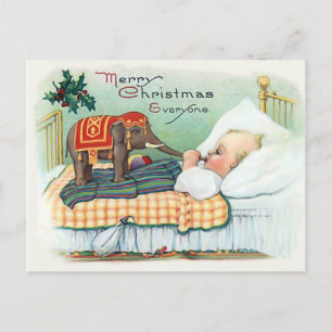 Little baby with elephant toy, vintage Christmas Postcard