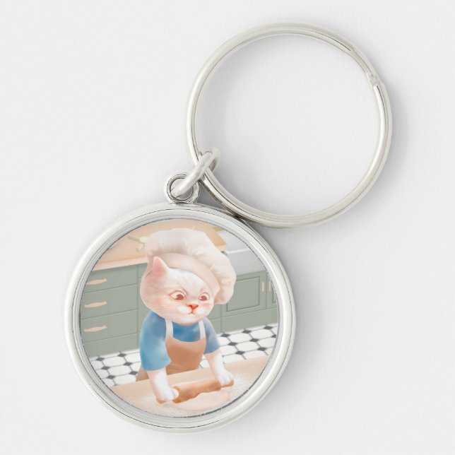 Little Baker Cat: Cosy Morning Kneading Art Key Ring (Front)
