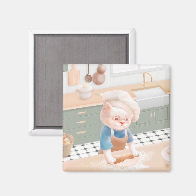 Little Baker Cat: Cosy Morning Kneading Art Magnet (Front/Back)