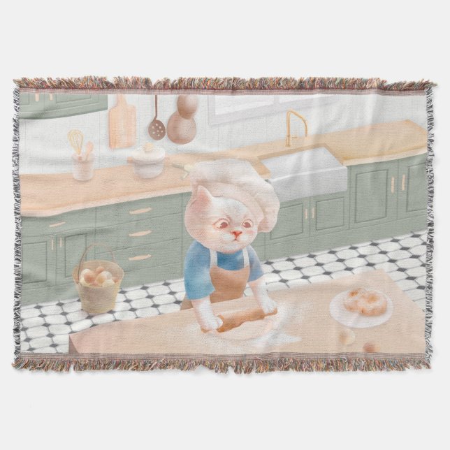 Little Baker Cat: Cosy Morning Kneading Art Throw Blanket (Front)