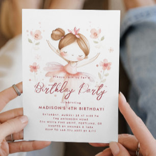 Little Ballerina and Flowers Pink Birthday Party Invitation