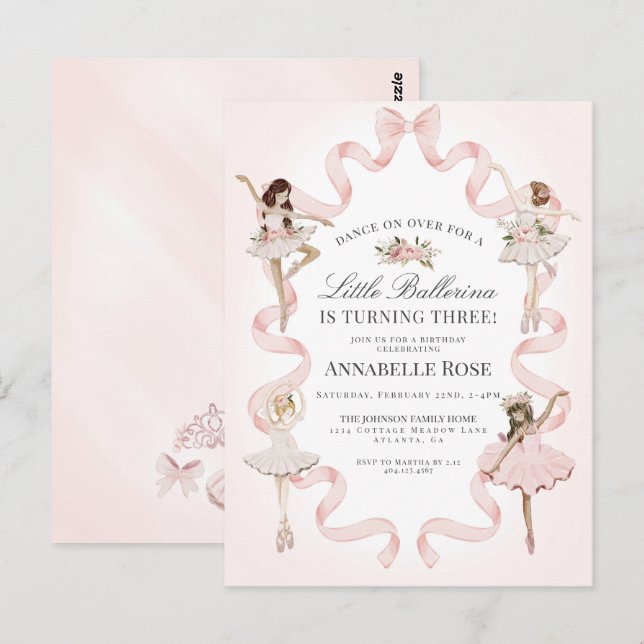 Little Ballerina Girl Ballet Birthday Invitation Postcard (Front/Back)