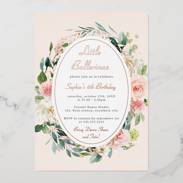 Little Ballerina Kids  Birthday Rose Gold Floral  (Front)