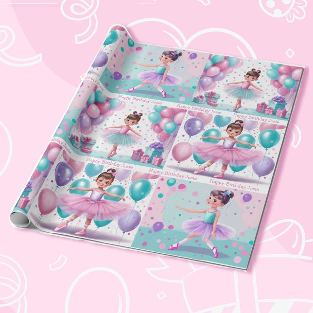 Little Ballerina with Brown Hair Girl's Birthday Wrapping Paper (Creator Uploaded)