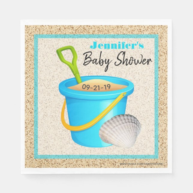 Little Beach Baby Teal Blue Sand Pail Baby Shower Napkin (Front)
