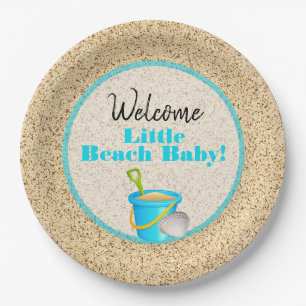 Little Beach Baby Teal Pail and Shovel Baby Shower Paper Plate