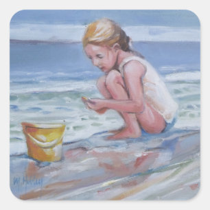 Little beachcomber girl with yellow bucket square sticker