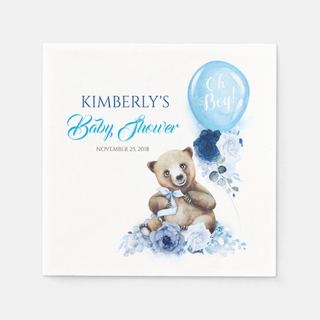 Little Bear and Blue Floral Balloon Baby Shower Napkin (Front)