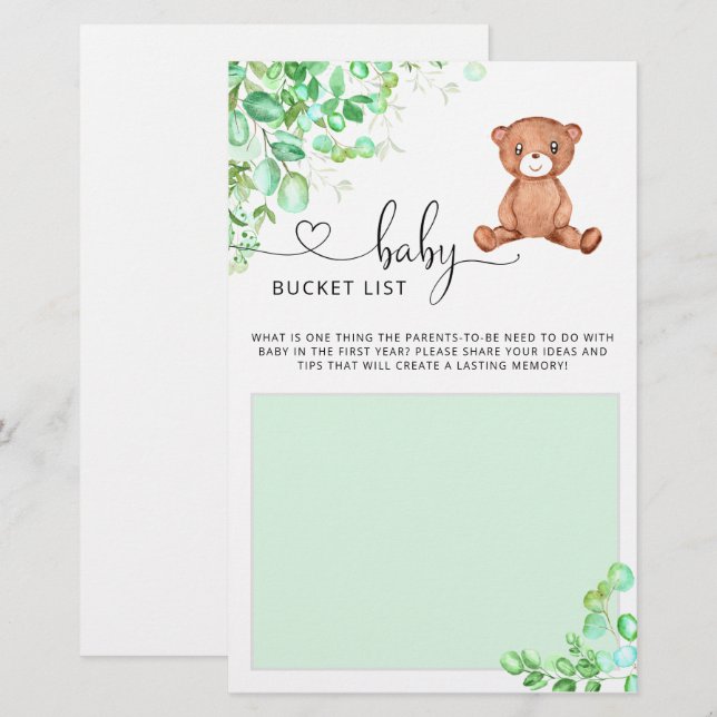 Little bear baby shower game bucket list (Front/Back)