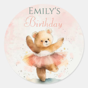 Little bear ballerina watercolor pink Birthday  Classic Round Sticker