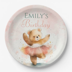 Little bear ballerina watercolor pink Birthday  Paper Plate