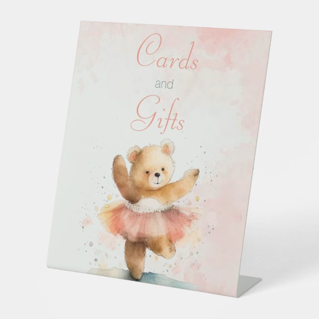 Little bear ballerina watercolor pink Birthday Pedestal Sign (Front)
