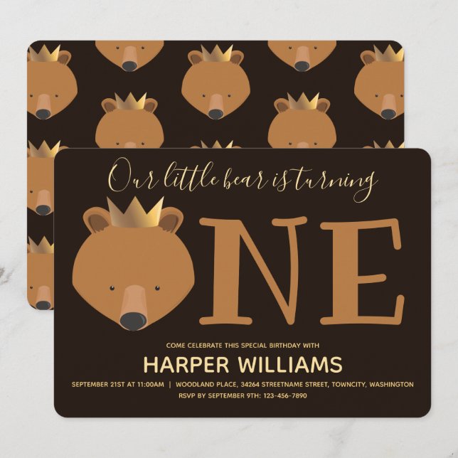Little Bear Crown One Cute Animal First Birthday Invitation (Front/Back)