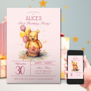 Little Bear Party Watercolor   First Birthday Invitation