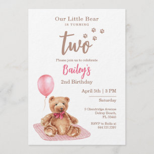 Little Bear Pink Any Age Birthday Invitation