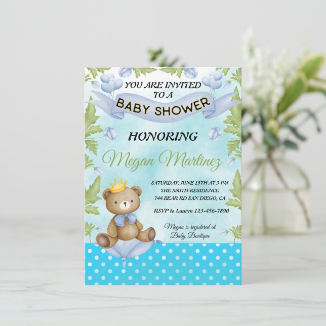 little bear prince blue Flower boy baby shower  Invitation (Standing Front)