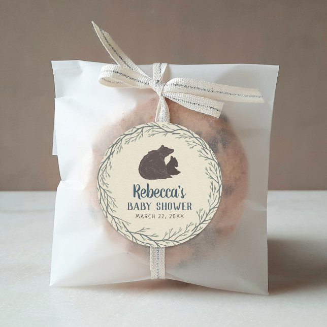 Little Bear Rustic Baby Shower Classic Round Sticker (Creator Uploaded)