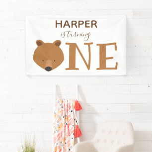 Little Bear Turning One Cute Animal First Birthday Banner