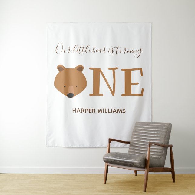 Little Bear Turning One Cute Animal First Birthday Tapestry (In Situ)