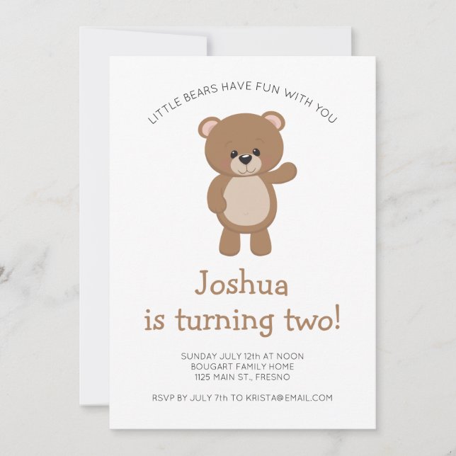 Little Bear Turning Two Woodland Second Birthday Invitation (Front)