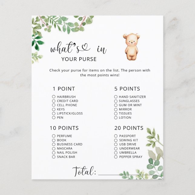 Little bear whats in your purse baby shower game (Front)