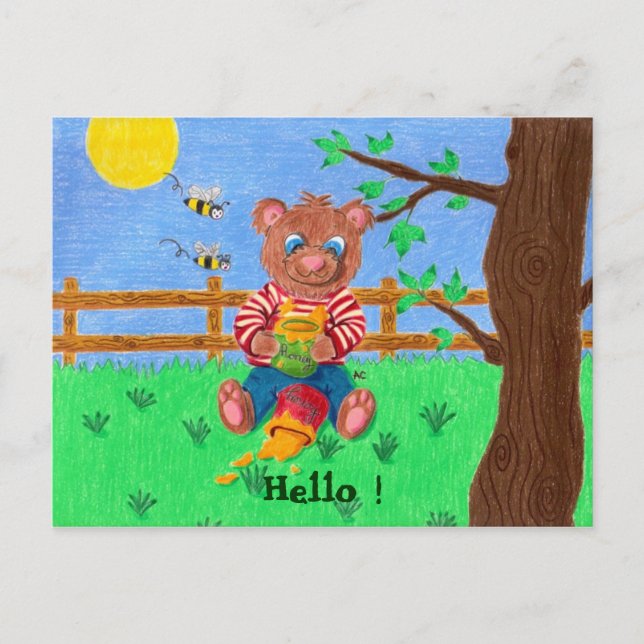 Little bear with honey, Hello ! Postcard (Front)