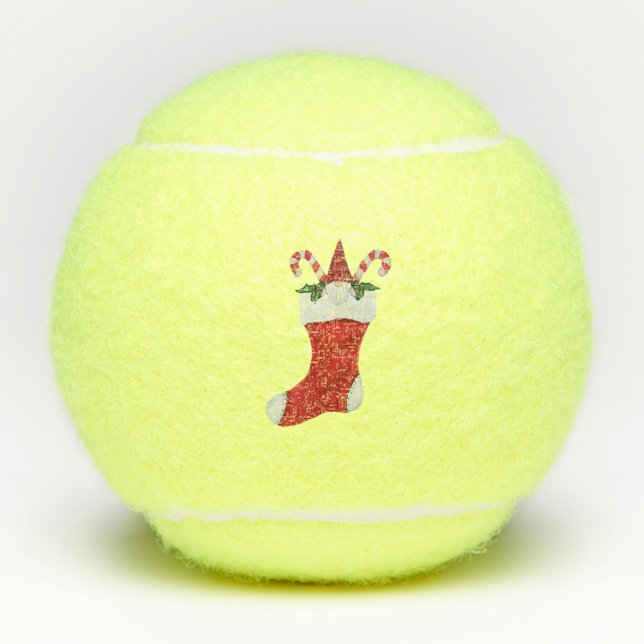 Little Bearded Gnome in Red Christmas Stocking Tennis Balls (Front)