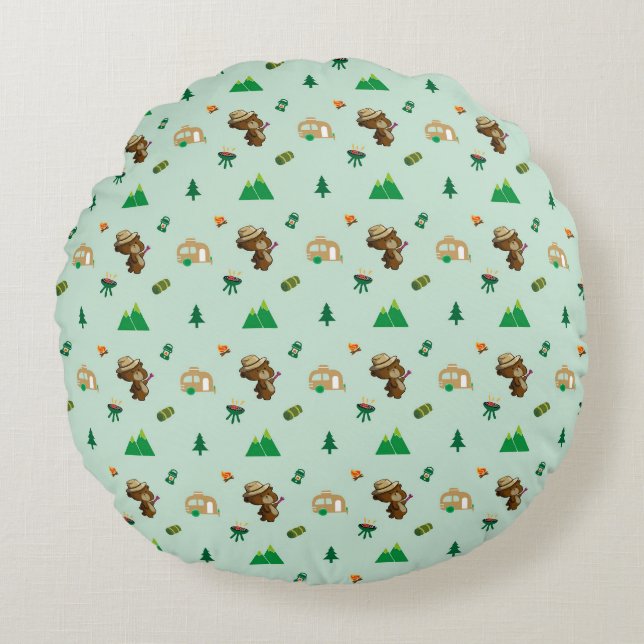 Little bear's camping trip round cushion (Front)
