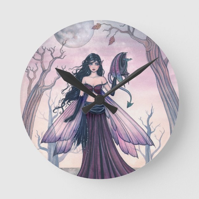 Little Beast Purple Fairy and Dragon Fantasy Art Round Clock (Front)