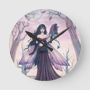 Little Beast Purple Fairy and Dragon Fantasy Art Round Clock