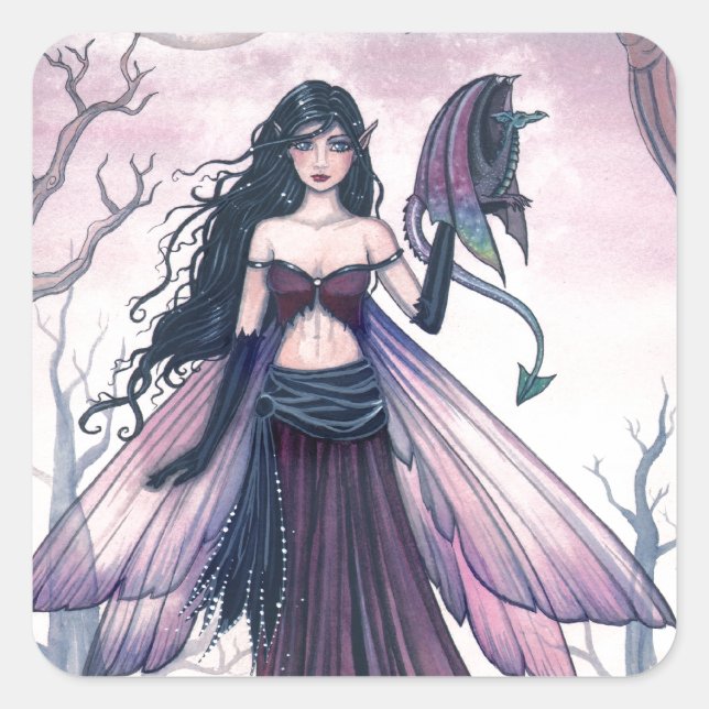 Little Beast Purple Fairy and Dragon Fantasy Art Square Sticker (Front)