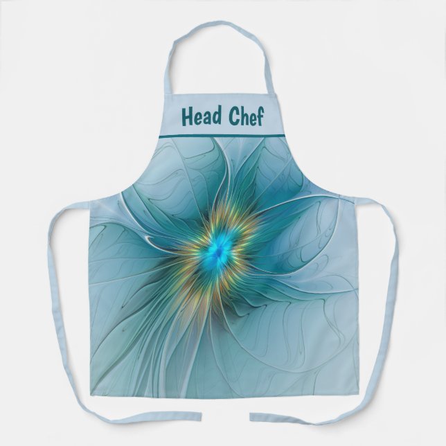 Little Beauty Modern Blue Gold Fractal Art Flower Apron (Front)