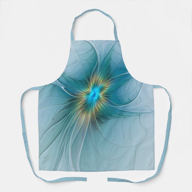 Little Beauty Modern Blue Gold Fractal Art Flower Apron (Front)