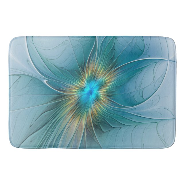 Little Beauty Modern Blue Gold Fractal Art Flower Bath Mat (Front)