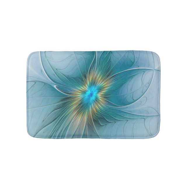Little Beauty Modern Blue Gold Fractal Art Flower Bath Mat (Front)