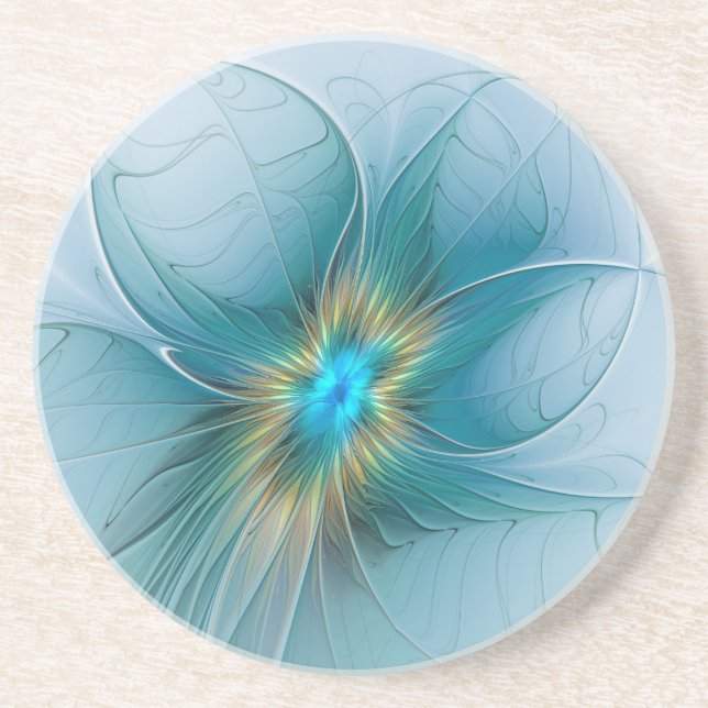 Little Beauty Modern Blue Gold Fractal Art Flower Coaster (Front)