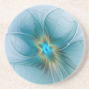Little Beauty Modern Blue Gold Fractal Art Flower Coaster