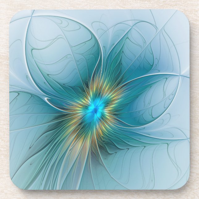 Little Beauty Modern Blue Gold Fractal Art Flower Coaster (Front)