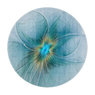 Little Beauty Modern Blue Gold Fractal Art Flower Cutting Board